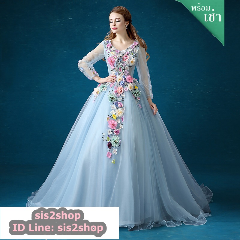 พร้อมเช่า ชุดแฟนซี ชุดราตรียาว สีฟ้า แขนยาว แต่งดอก Fairy สไตล์เจ้าหญิง กระโปรงพองสวย เชือกผูกหลัง