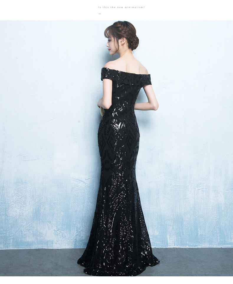 Pre-order ชุดราตรียาวแบบปาดไหล่ทรงหางปลา สีดำปักเลื่อมสวยหรู