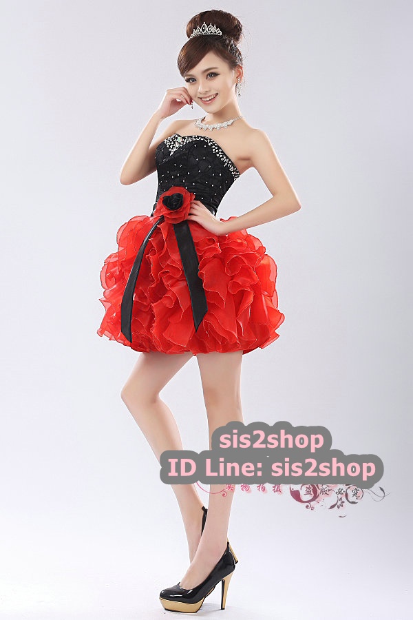 พร้อมเช่า ชุดแฟนซี ชุดราตรีสั้น เกาะอกแต่งคริสตัล สีดำ กระโปรงระบายสวยสีแดง