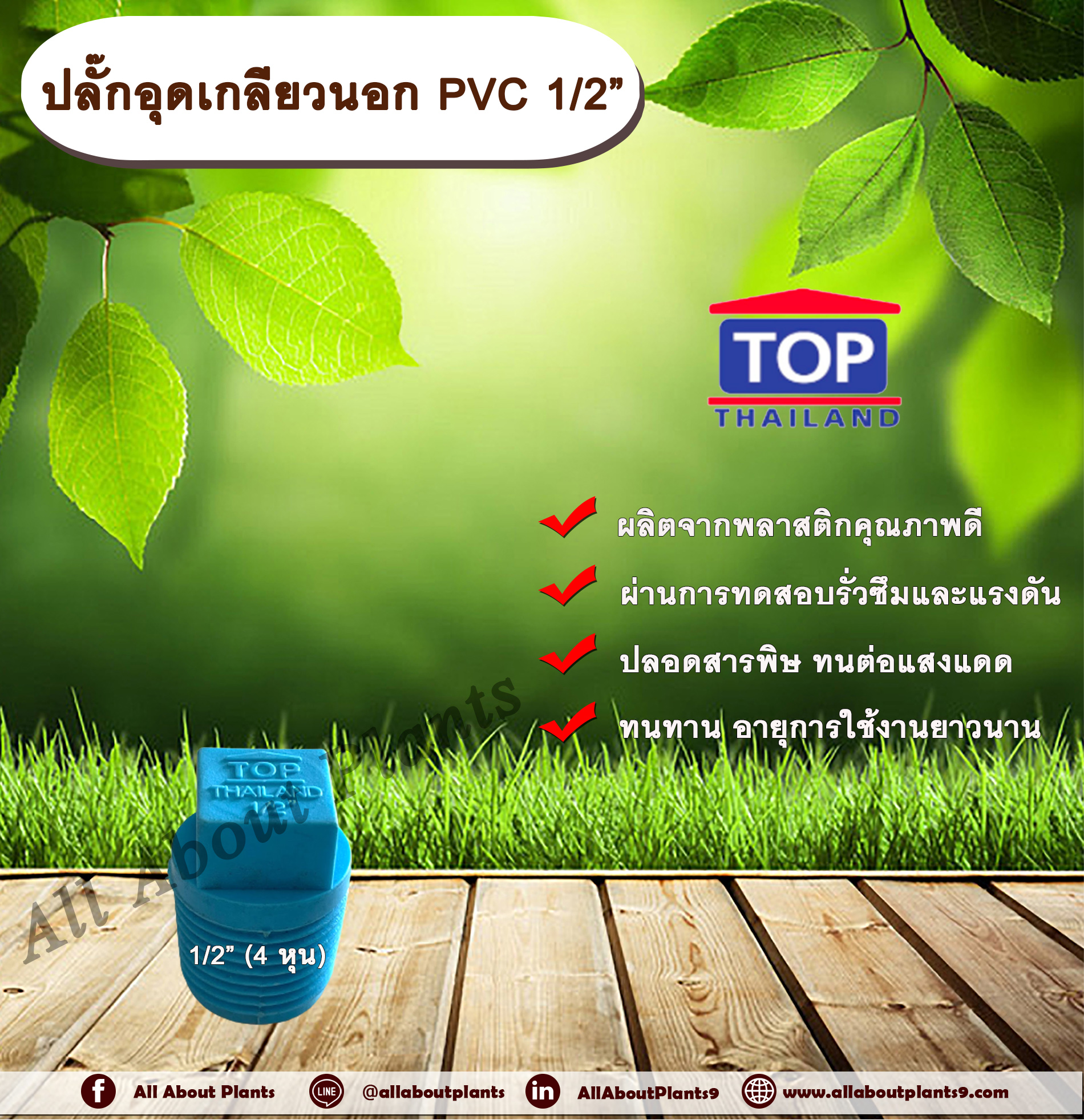 ปลั๊กอุดเกลียวนอก PVC 1/2” (4หุน) ครึ่งนิ้ว ที่อุดเกลียวนอกครึ่งนิ้ว อุดประปา ปลั๊กอุดประปา ปลั๊กอุดพีวีซี ข้อต่อเกลียวอุดพีวีซี ชิ้น