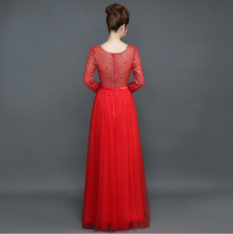 Pre-order ชุดราตรียาว แขนยาว คอกลม ช่วงบนผ้าโปร่ง แต่งกากเพชร แต่งโบว์คาดเอว ซิปหลัง ไซส์ใหญ่ XS-4XL