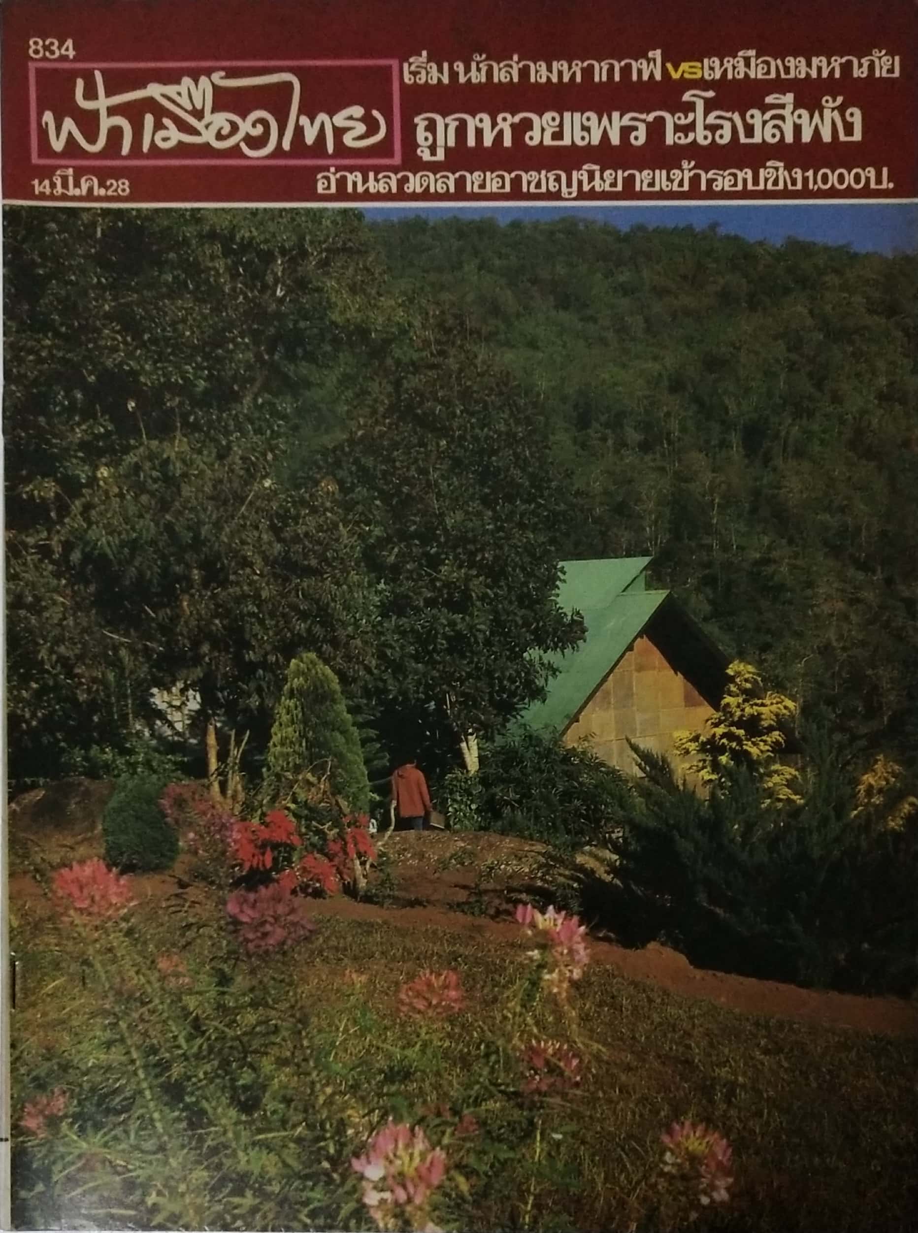 นิตยสารเก่า ฟ้าเมืองไทย ฉบับที่ 834 ปีที่ 16 วันพฤหัสบดีที่ 14 มีนาคม 2528 ภาพปก พระตำหนักปางตอง จ. แม่ฮ่องสอน ถ่ายโดย ประวิทย์ มีเดช ในเล่ม เริ่ม,นักล่ามหากาฬ vs เหมืองมหาภัย ถูกหวยเพราะโรงสีพัง ลวดลายอาชญนิยาย เข้ารอบชิง 1,000 บาท