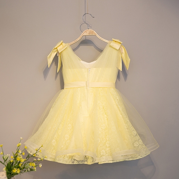 Pre-Order ชุดราตรีเด็ก สไตล์เจ้าหญิง แขนกุด แต่งโบว์ที่ไหล่ คาดผ้าที่เอว สีเขียวมิ้นต์ สีเหลือง มีซิป