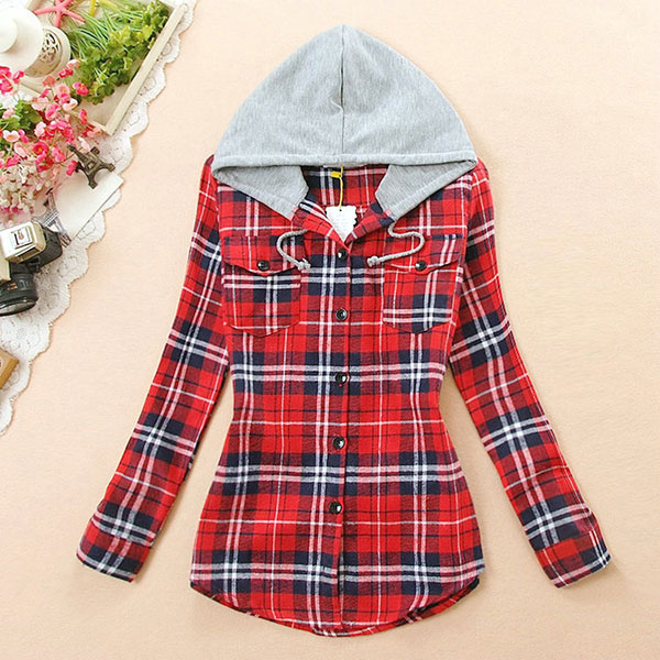 เสื้อแจ็คเก็ตแขนยาว มีฮู้ด ผ้าทอนิ่มลายสก็อต (10916AL)