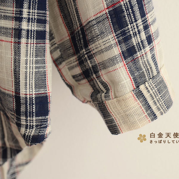 เสื้อเชิ้ตแฟชั่นวินเทจ ผ้าทอนิ่มลายสก็อต มีสแนปแขน (12119LM)