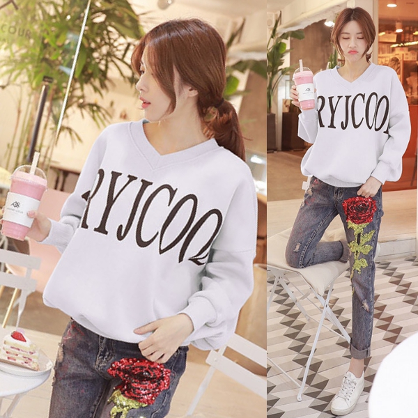 เสื้อสเวตเตอร์กันหนาว คอวี ผ้าคอตตอนพิมพ์ลาย (11911X)