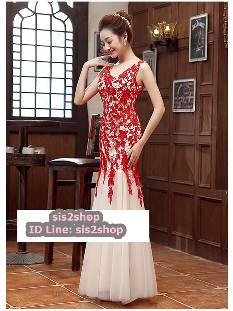 พร้อมส่ง ชุดราตรียาว สีแดง แบบแขนกุด ลายลูกไม้ ทรงหางปลาแต่งผ้าตาข่าย (เชือกผูกหลัง)