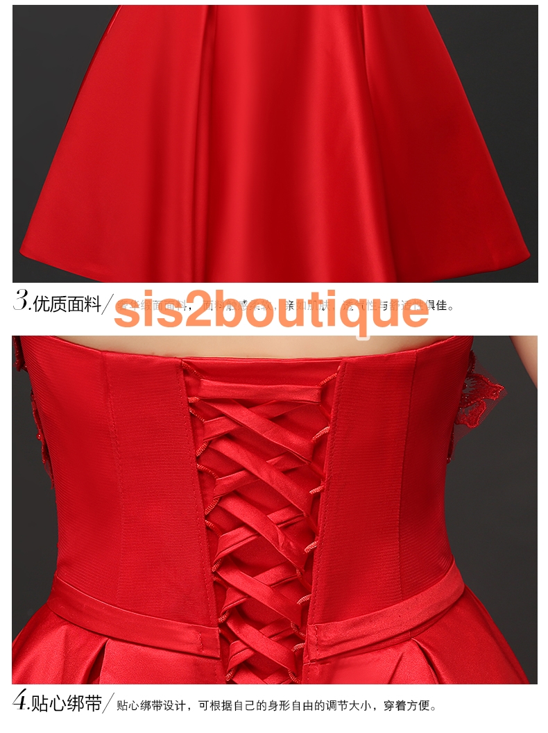 Pre-order ชุดราตรีสั้น เกาะอก สีแดง แต่งอกด้วยดอกไม้ คาดโบว์ที่เอว กระโปรงผ้าซาติน จับจีบ เซ็กซี่