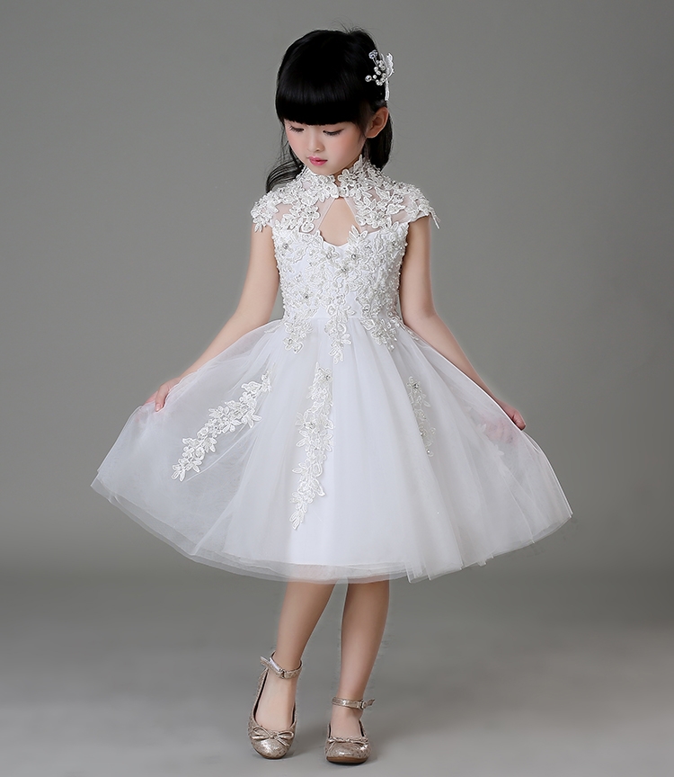 Pre-order ชุดราตรีเด็ก ชุดออกงาน ชุดกระโปรง สไตล์เจ้าหญิง แขนสั้น คอจีน เว้าตรงอก แต่งผ้าลูกไม้ กระโปรงตาข่าย มีซิปหลัง