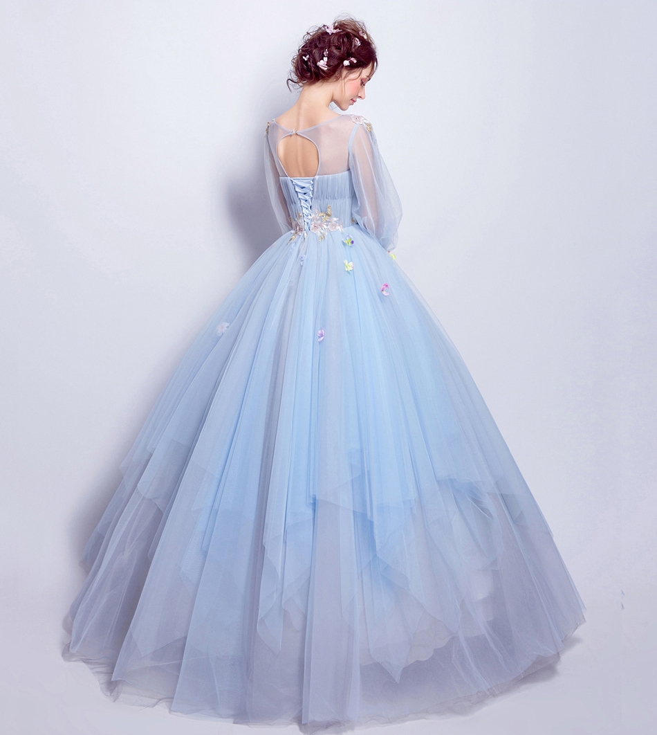 Pre-order ชุดแฟนซี ชุดเจ้าสาว ชุดราตรียาว สีฟ้า แขนโคมไฟ กระโปรงพองสวย เชือกผูกหลัง