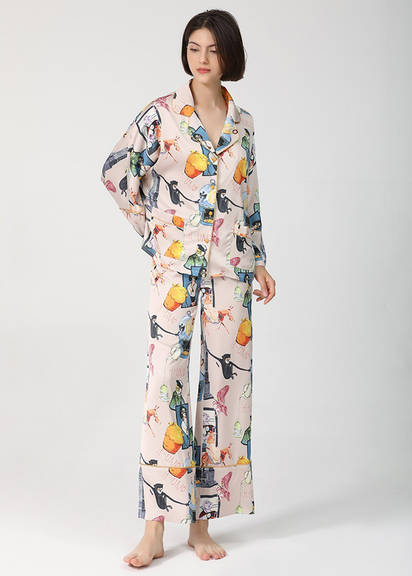 🚩พร้อมส่ง🚩ชุดนอน Silk Satin ไหมซาตินเกรดพรีเมี่ยม พิมพ์ลายสไตล์วินเทจ ผ้านุ่มลื่นละมุนผิว (ST125)