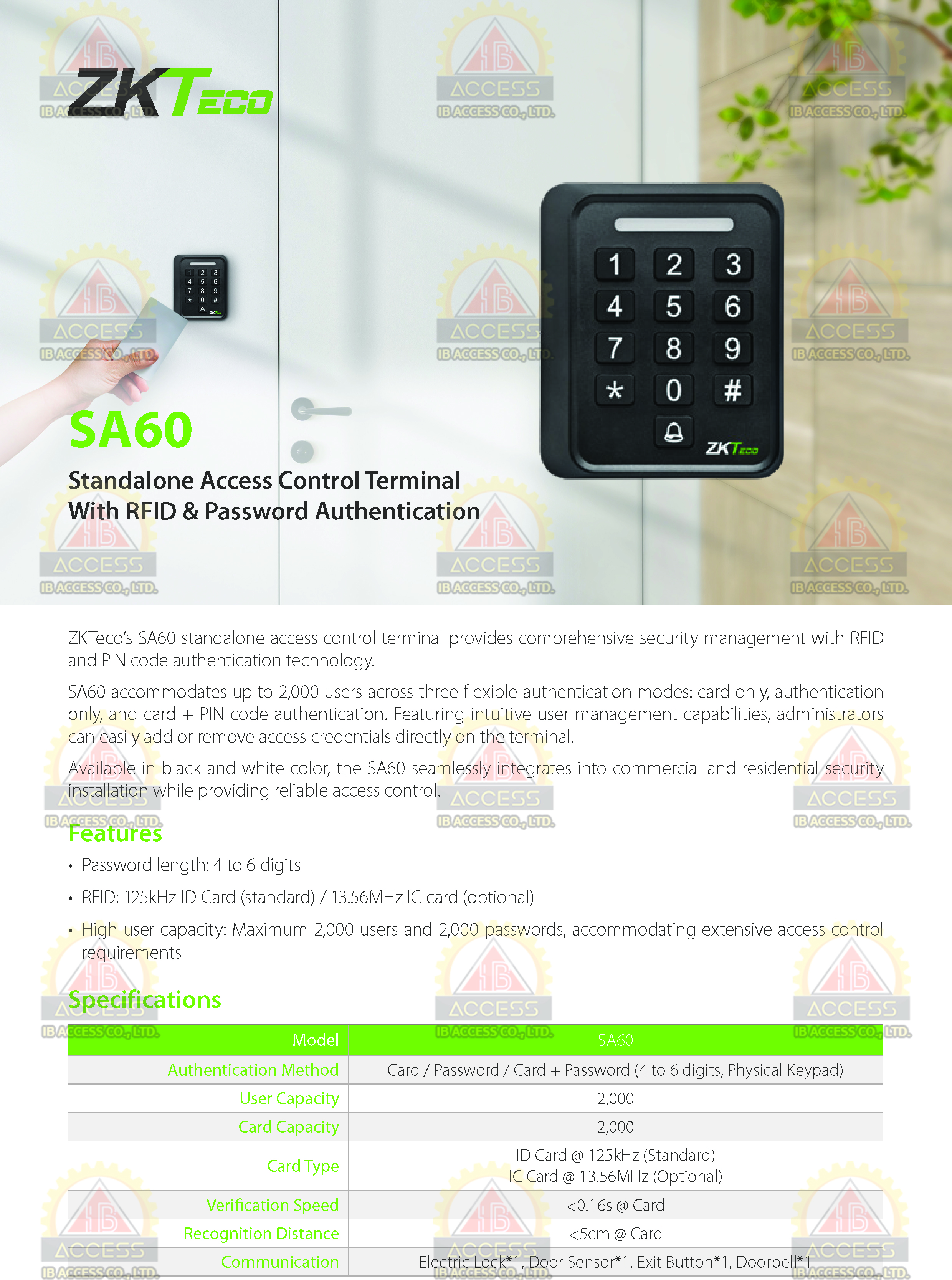 เครื่องทาบบัตร ยี่ห้อ ZKTeco รุ่น SA60 รองรับระบบ Access Control