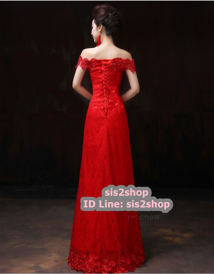 พร้อมส่ง ชุดราตรียาว แบบปาดไหล่เซ็กซี่ เข้ารูป ทรงหางปลา สีแดง ผ้าลูกไม้ แต่งเลื่อมสุดหรู (เชือกผูกหลัง)