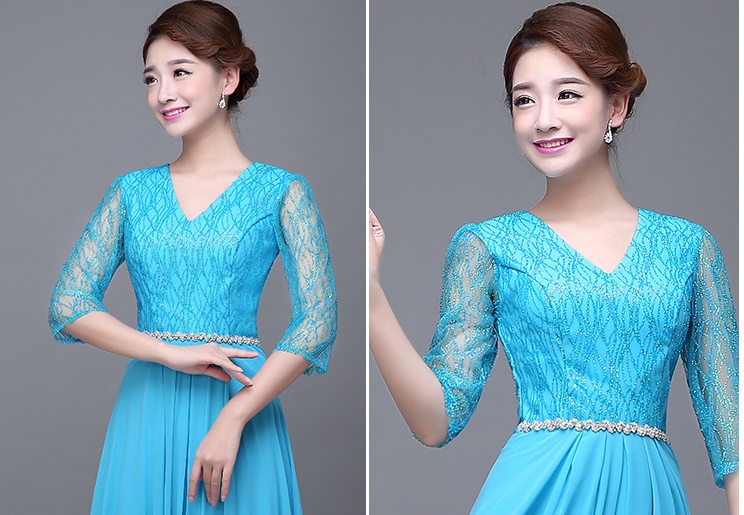 พร้อมส่ง ชุดราตรียาว สีฟ้า แขนสามส่วน แต่งเม็ดกากเพชร ช่วงแขนผ้าโปร่ง สวยหรู คาดเข็มขัดช่วงเอว (***เหลือเฉพาะไซส์ 5XL ,7XL***)