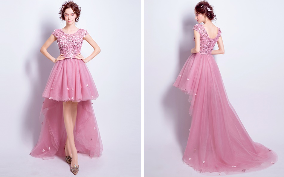 Pre-order ชุดแฟนซี ชุดเจ้าสาว ชุดราตรี สีชมพู แขนกุด ผ้าลูกไม้ แต่งดอกไม้ช่วงบน เชือกผูกหลัง