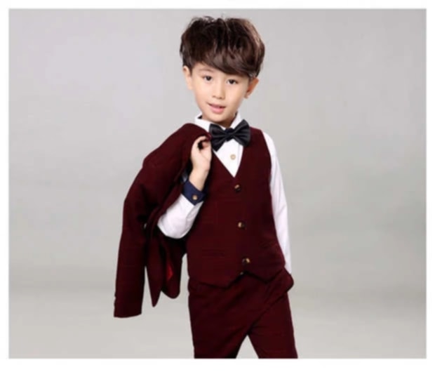 เช่า ชุดสูทเด็กชาย สีแดงเบอร์กันดี ลายตาราง สไตล์เกาหลี