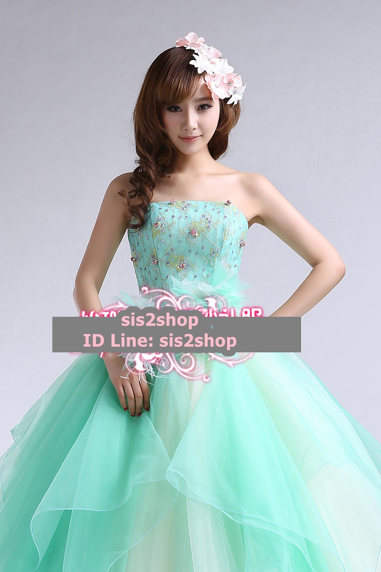 พร้อมเช่า ชุดแฟนซี ชุดราตรี สีเขียวมิ้นต์ แต่งระบายชายไม่เท่ากัน สวยเก๋