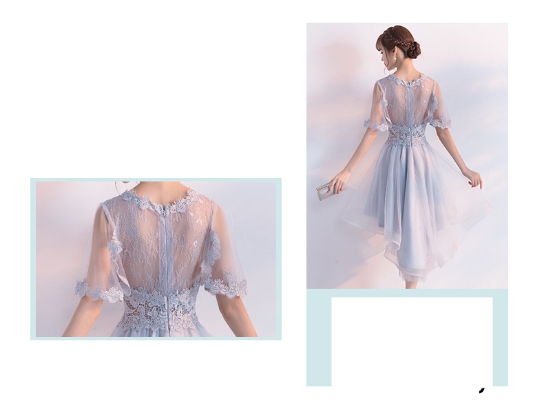 ชุดราตรีหน้าสั้นหลังยาวสีทองปักเลื่อมลายดอกไม้ ไหล่ปาดแขนยาว เชือกผูกหลัง สำเนา