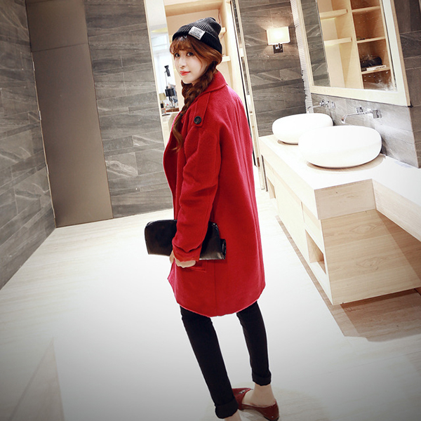 เสื้อโค้ทกันหนาวตัวยาว ผ้าวูลเนื้อหนาแต่งกระดุมคู่ (11730CV)