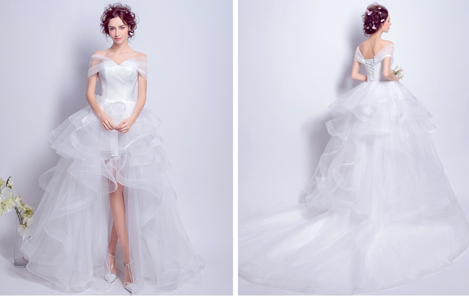 Pre-order ชุดแฟนซี ชุดเจ้าสาว ชุดราตรี ชุดเจ้าสาว ไหล่ปาด สีขาว หน้าสั้นหลังยาว ผ้าไหมแก้ว เชือกผูกหลัง