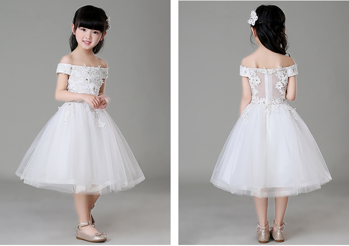 Pre-order ชุดราตรีเด็ก ชุดออกงาน ชุดกระโปรง สไตล์เจ้าหญิง แบบไหล่ปาด ผ้าลูกไม้ แต่งเพชรช่วงอก กระโปรงตาข่าย มีซิปหลัง