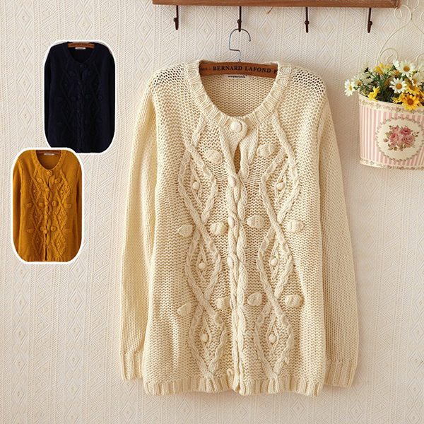 เสื้อคลุมกันหนาววินเทจ ไหมพรมหนานุ่มถักลายนูน (12065LM)