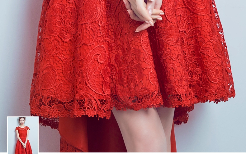 Pre-order ชุดราตรีสั้น สีแดง แต่งลูกไม้ทั้งชุด เพิ่มโบว์ช่วงเอว กระโปรงหน้าสั้นหลังยาว เชือกผูกหลัง