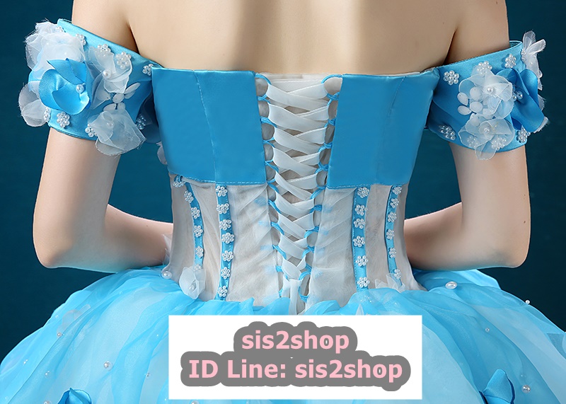 พร้อมเช่า ชุดแฟนซี ชุดราตรียาว สีฟ้า-ขาว แบบไหล่ปาด กระโปรงผ้าแก้วพองสวย แต่งดอก&ลูกปัด เชือกผูกหลัง