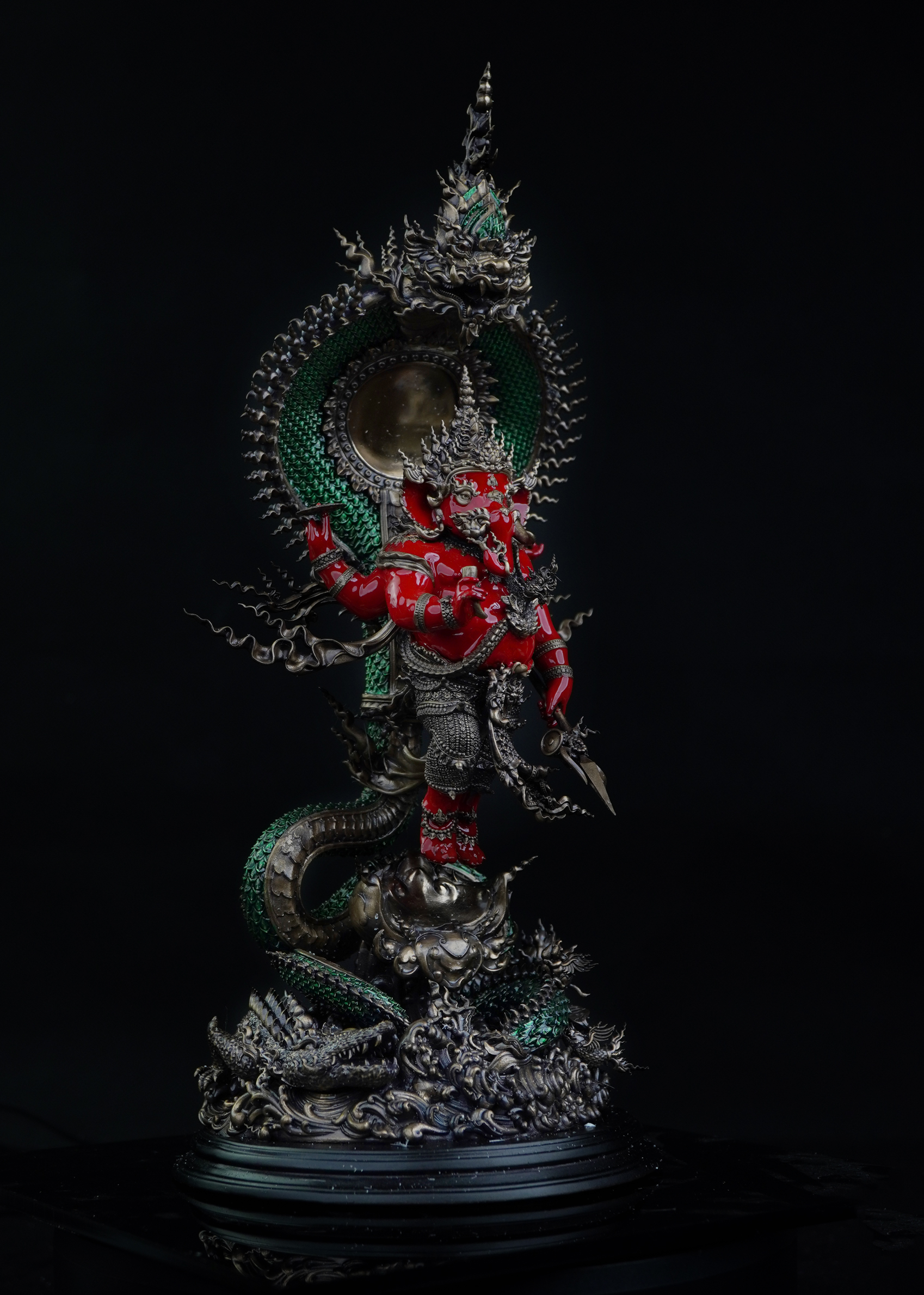 🕉️ พระพิฆเนศ รุ่น มหาปรมาตมันคณปติ เนื้อบรอนซ์นอก Duotone พระคเณศลงสีเซรามิคแดง นาคลงสีเซรามิคเขียว ความสูง 30 ซม.