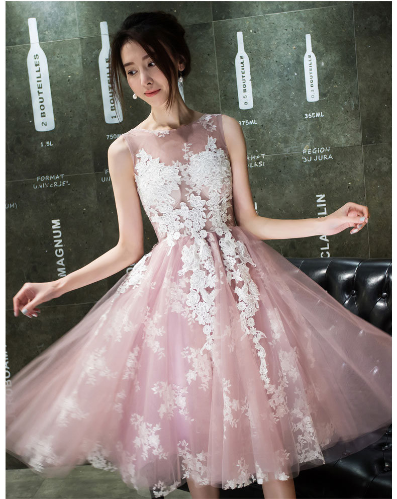 Pre-order ชุดราตรียาว แขนกุด ผ้าตาข่าย แต่งลูกไม้ สีชมพูหวาน มีซิป