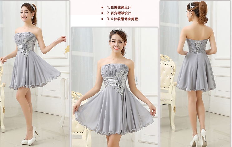 Pre-order ชุดราตรีสั้น เกาะอก จับจีบช่วงอก แต่งดอกคาดเอว กระโปรงผ้าชีฟอง เชือกผูกหลัง