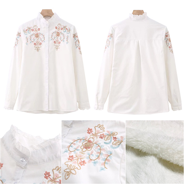 เสื้อเชิ้ตปักลายวินเทจ ซับในผ้าขนนุ่มกันหนาว (12128LM)