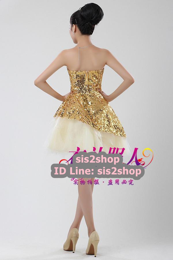 พร้อมเช่า ชุดแฟนซี ชุดราตรีสั้น เกาะอก สีทอง ผ้าปักเลื่อม กระโปรงสุ่ม Tutu