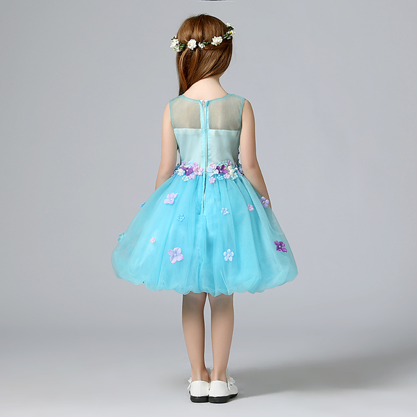 Pre-Order ชุดราตรีเด็ก สไตล์เจ้าหญิง แขนกุด สีฟ้า ตกแต่งด้วยดอกไม้สามมิติ กระโปรงผ้าแก้ว ซิปหลัง