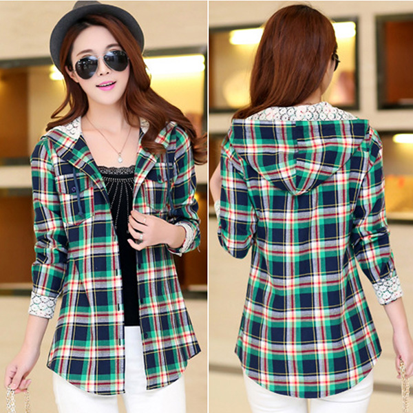 เสื้อแจ็คเก็ตเชิ้ตลายสก็อตผ้านิ่ม มีฮู้ดซับผ้าลูกไม้ (11222AL)