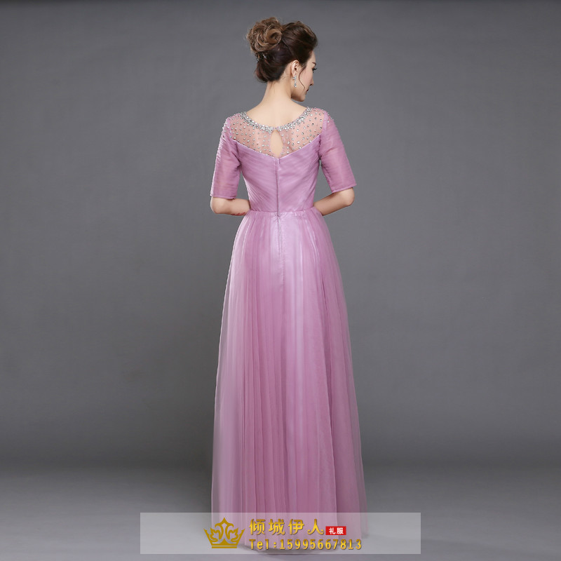 Pro-order ชุดราตรียาว แขนสั้น คอกลม ผ้าตาข่าย ปักเลื่อม จับจีบ ซิปหลัง ไซส์ใหญ่ XS-5XL