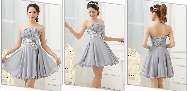 Pre-order ชุดราตรีสั้น เกาะอก จับจีบช่วงอก แต่งดอกคาดเอว กระโปรงผ้าชีฟอง เชือกผูกหลัง