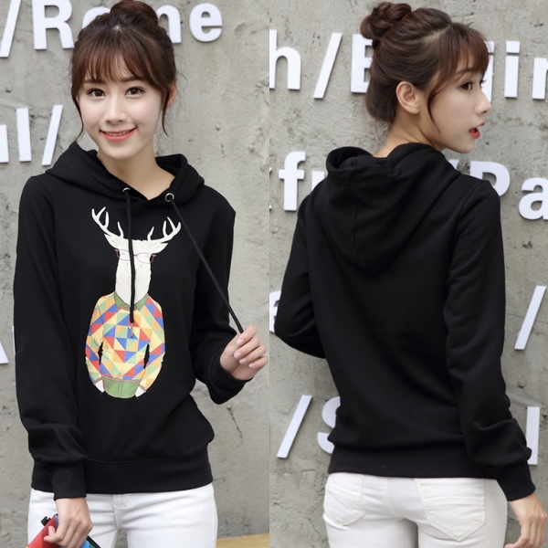 เสื้อสเวตเตอร์ฮู้ดพิมพ์ลายกวาง ซับกำมะหยี่กันหนาว (11981H)