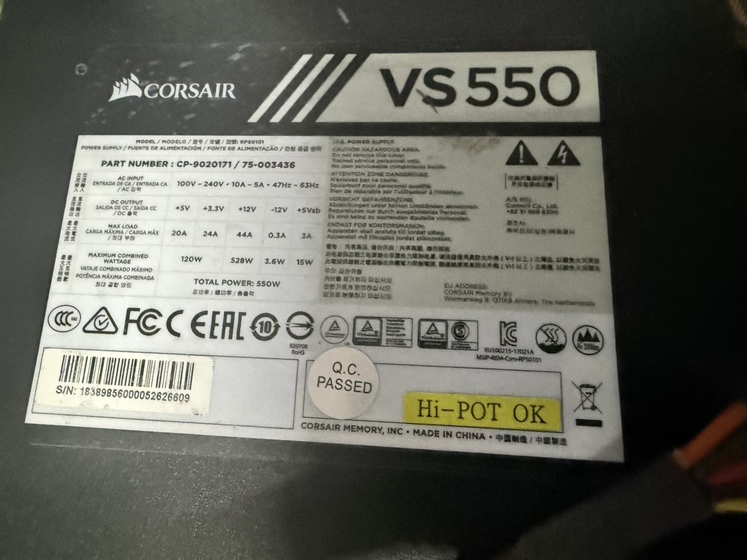 POWER SUPPLY CORSAIR 550W VS550 (80+ WHITE) (CP-9020171) สายตามรูป