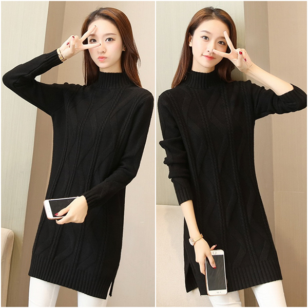 เดรสคอเต่ากันหนาว ไหมพรมวูลหนานุ่มถักลาย (12067B)