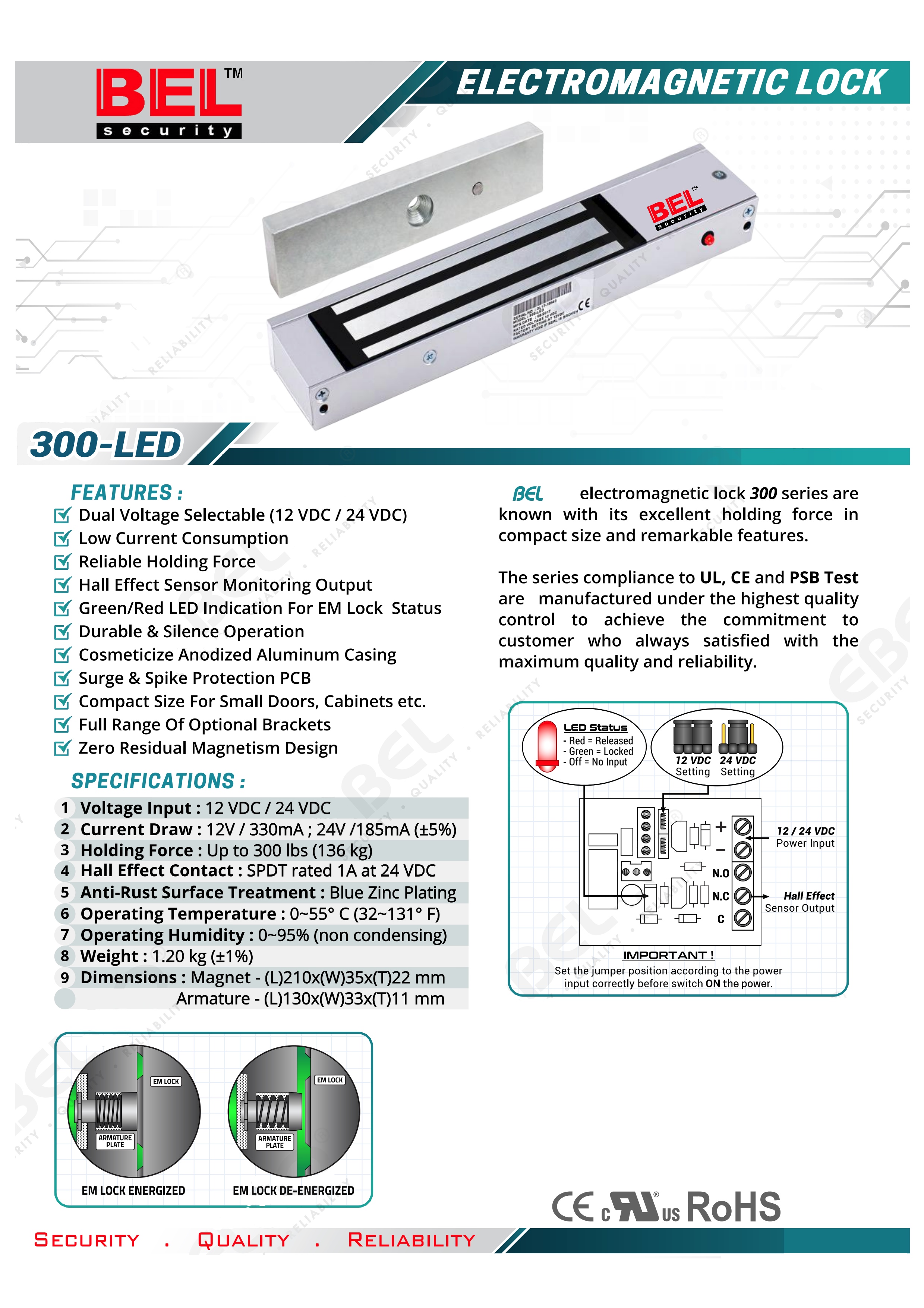 Magnetic Lock 300 lbs. พร้อม LZ Bracket ยี่ห้อ BEL รุ่น 300LED