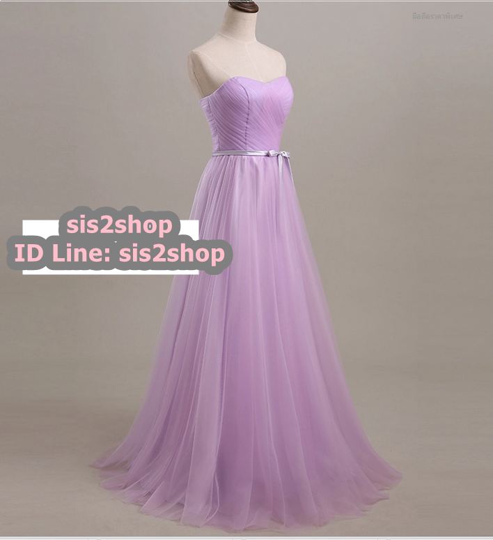 พร้อมส่ง ชุดราตรียาว เกาะอก สีม่วง คอเว้า Sweet Heart จับเดรป คลุมด้วยผ้าตาข่ายทั้งชุด ตัวกระโปรงพองสวย