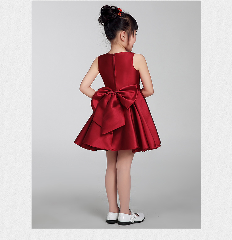 Pre-order ชุดราตรีเด็ก ชุดออกงาน ชุดกระโปรง สไตล์เจ้าหญิง แขนกุด ผ้าไหมดัชเดช คาดเอวด้วยโบว์ กระโปรงจับจีบ แต่งโบว์ด้านหลัง มีซิป