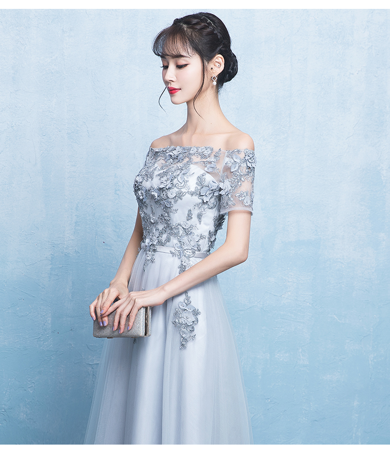 Pre-order ชุดราตรียาวสีเทาแบบไหล่ปาด แต่งลูกไม้ กระโปรงตาข่ายเชือกผูกหลัง