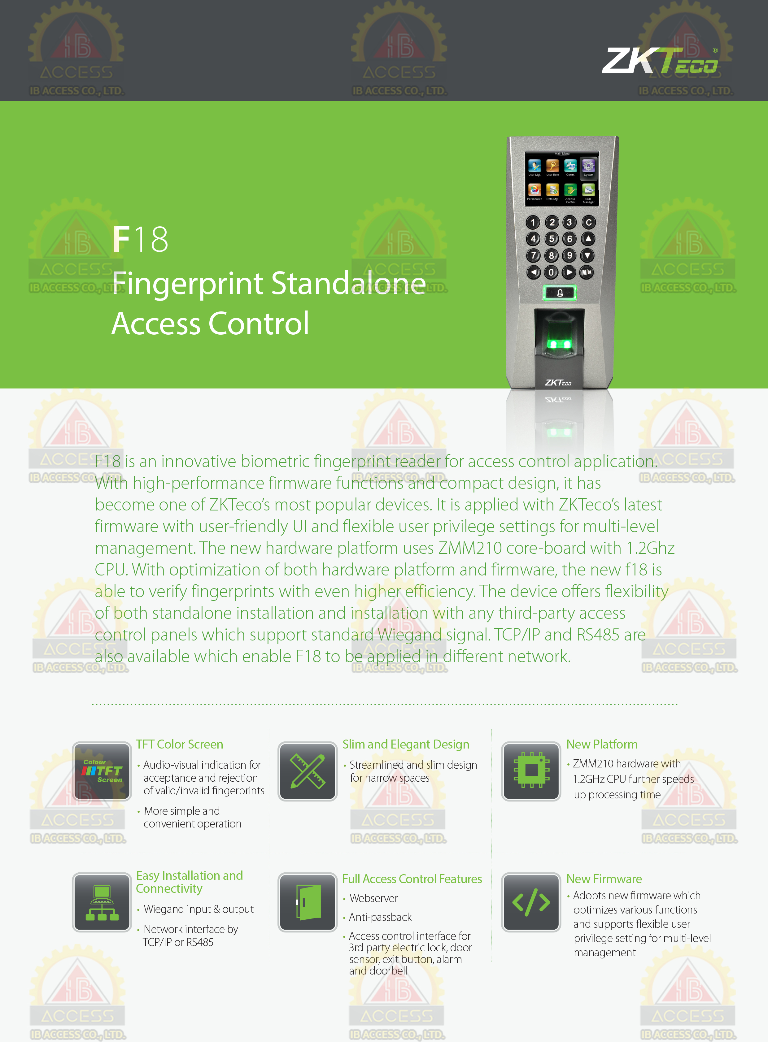 เครื่องสแกนลายนิ้วมือ ยี่ห้อ ZKTeco รุ่น F18 รองรับระบบ Access Control