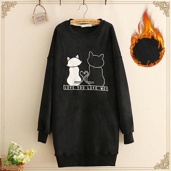 เดรสกันหนาว แขนยาว ผ้ากำหยี่หนานุ่มปักลายแมว (12335LM)