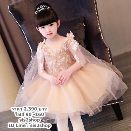 Pre-order ชุดราตรีเด็ก แขนกุด แต่งขนนกช่วงบน กระโปรงตาข่าย เชือกผูกหลัง น่ารักมาก
