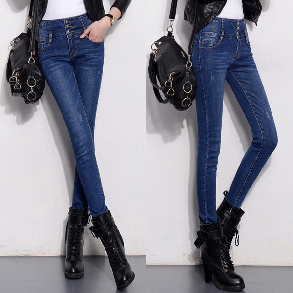 กางเกงยีนส์กันหนาวเอวสูง ทรงสลิม ซับกำมะหยี่ใส่ติดลบได้ (11692X)