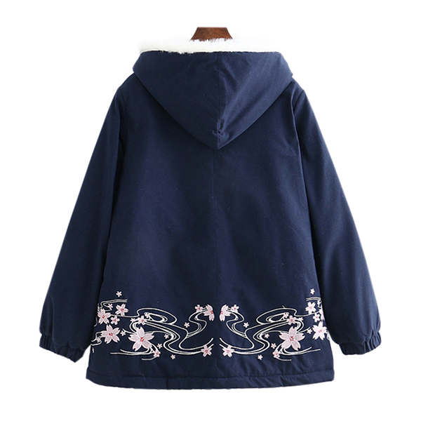 เสื้อโค้ทกันหนาวแฟชั่นญี่ปุ่น ฮู้ดแต่งเฟอร์ ปักลายสไตล์วินเทจ (12206LM)