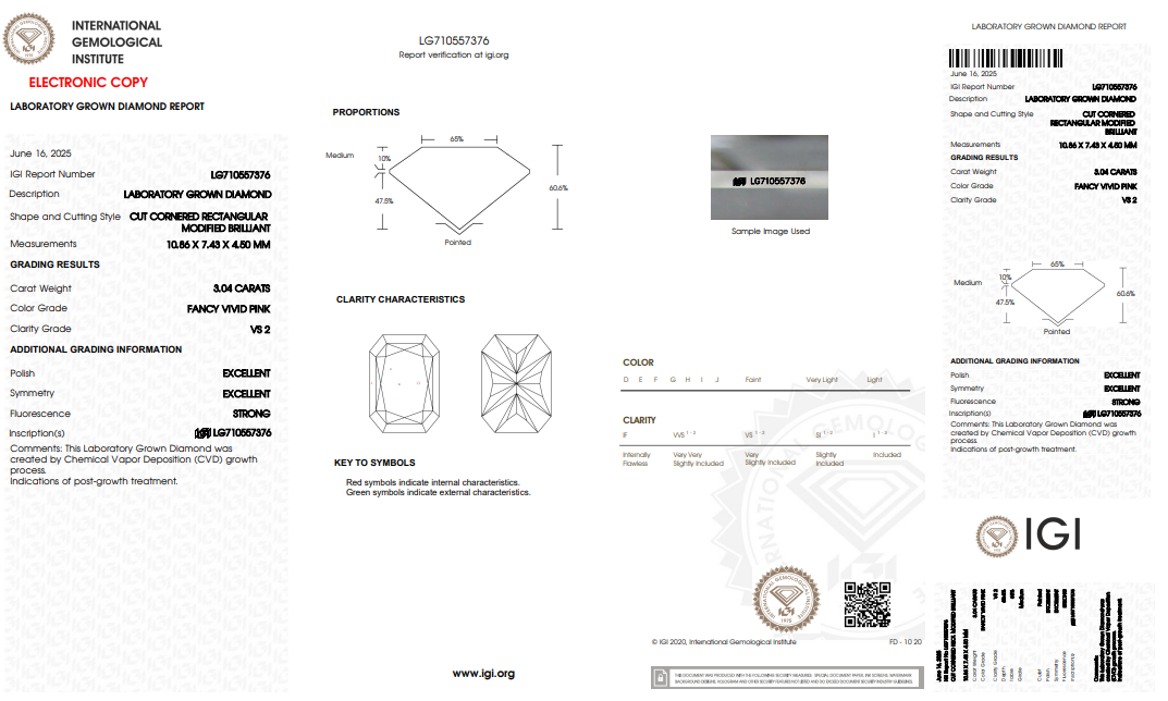 เพชร CVD Diamond 3.04 กะรัต ชมพูสด FANCY VIVID PINK VS2 พร้อมใบเซอร์ IGI LG710557376